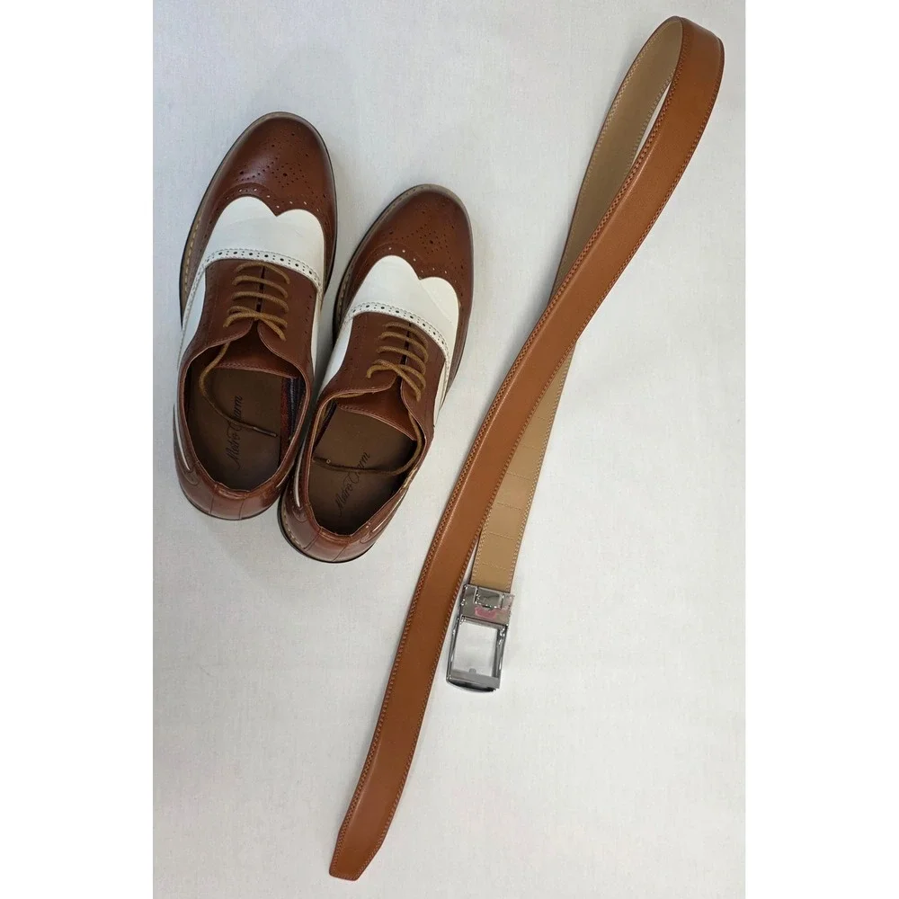 Metro Charm Mens Brown White Spectator Wingtip Oxford Shoes and Belt Set 9.5